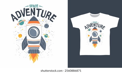 Space adventure rocket hand drawn illustration, vector ready for print on t-shirt and other uses.