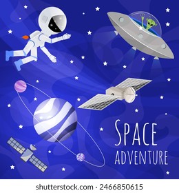 Space adventure. Satellites, astronaut and UFO near a blue planet with moons. Space background. Children's adventures at a space party.