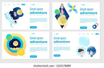 Space adventure. Set of vector illustrations in flat style for banners, flyers, cards.