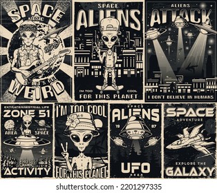 Space adventure set vintage monochrome flyers with aliens with guitar or skateboard and traveling through UFO universe vector illustration