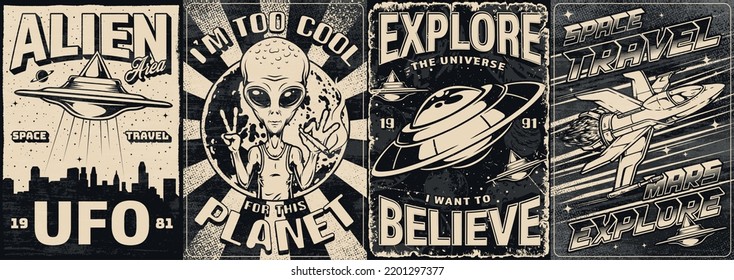 Space adventure set vintage monochrome posters with kind alien and UFO saucers with spaceship to attack galactic civilizations vector illustration