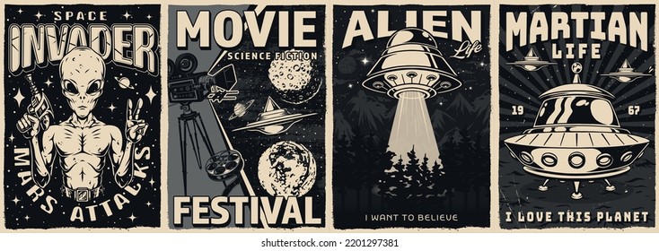 Aventura espacial conjunto afiches vintage monocromo salchichas voladoras aran galaxia sin límites en la vida de búsqueda y ajeno con ilustraciones vectoriales blaster