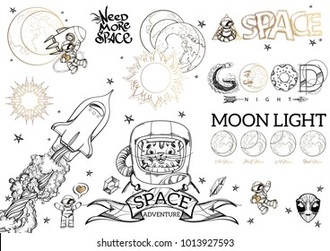 Space adventure. Space ships, planets, astronauts, aliens. Set of outline vector illustrations isolated on white background.