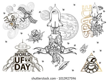 Space adventure. Space ships, planets, astronauts, aliens. Set of outline vector illustrations isolated on white background.