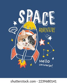 space adventure slogan with little kitten on the rocket vector illustration