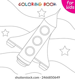 Space adventure. Spaceship in space. Coloring book page template for kids .