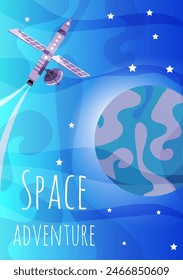 Space adventure. A spaceship flies past a blue planet. Space background. Children's adventures at a space party. 