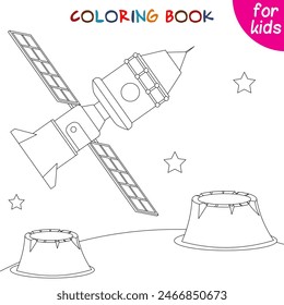 Space adventure. Spaceship over an unknown planet.. Coloring book page template for kids .