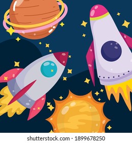 space adventure spaceships sun planet stars explore cartoon vector illustration