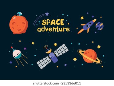 Space Adventure with Sputnik or Satellite Exploring Galaxy, Moon and Rocket Vector Set