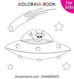 Space adventure. UFO and alien.Coloring book page template for kids .