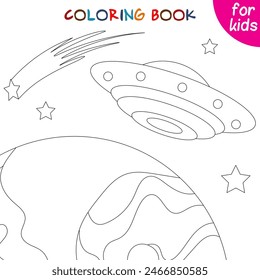 Space adventure. UFO over an unknown planet. Coloring book page template for kids .