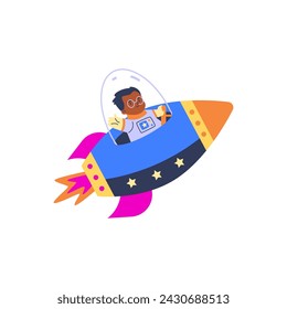 Space adventure. Vector illustration of a boy in a spacesuit flying in space on a rocket. Character adventure on isolated background for children's design.