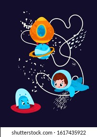 Space Adventure. Vector illustration for kids t-shirt, posters  cards, parties, stickers or decor