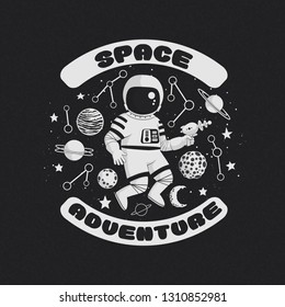Space adventure vector illustration, poster, t-shirt design. Monochrome cartoon astronaut holding a blaster with planets, constellations and stars on a dark background.
