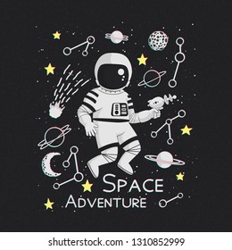 Space adventure vector illustration, poster, t-shirt design. Monochrome cartoon astronaut holding a blaster with planets, comet, constellations and yellow stars with pink and blue/green shadows.