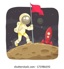 Space Adventurer Astronaut Landing On The Moon And Give A Flag Sign.