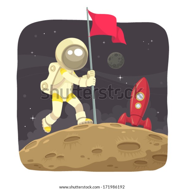 Space Adventurer Astronaut landing on the moon and\
give a flag sign.