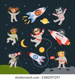 Space adventures animals set. Cute animal wear suits and flying in universe. Game children characters, funny kids stickers classy vector templates