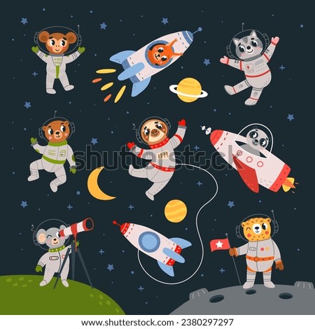 Space adventures animals set. Cute animal wear suits and flying in universe. Game children characters, funny kids stickers classy vector templates