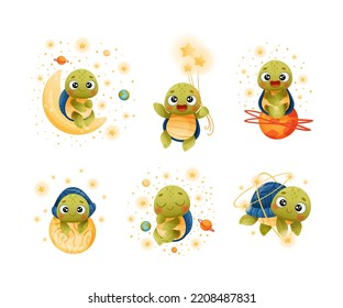 Space adventures of baby turtle set. Funny little tortoise traveling in space cartoon vector illustration