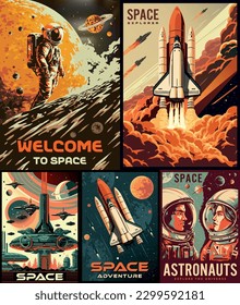 Space adventures colorful set posters with UFO or brave astronauts flying on galactic rockets and shuttles vector illustration