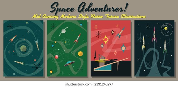 Space Adventures! Mid Century Modern style Space Illustrations, Retro Future Rockets, Flying Saucers, Planets and Stars