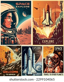 Space adventures set flyers colorful with heroic astronauts landed on planet after flying on international space station vector illustration