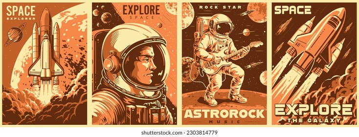 Space adventures set flyers monochrome with astronauts and intergalactic shuttles for flights in solar system vector illustration