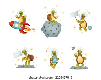 Space adventures of turtle set. Funny tortoise traveling in outer space cartoon vector illustration