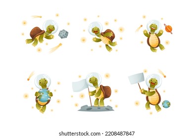 Space adventures of turtle set. Funny tortoise floating in outer space, standing on moon with flag and holding blank signboard cartoon vector illustration