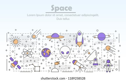 Space advertising poster banner template. Space items rocket, planets, spaceship, telescope, astronaut etc. vector thin line art flat style design elements, icons for web banners and printed materials