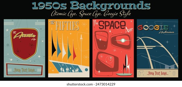 Space Age 1950s - 1960s Style Backgrounds, Vector Template for Retro Party Posters, Invitations, Illustrations. Mid Century Modern Atomic Age Decorative Style, Googie, Populuxe Shapes and Colors