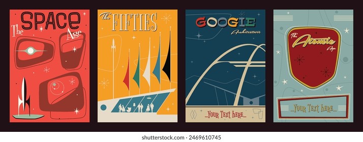 Edad espacial, Edad atómica de los años 50 - 60, fondos de estilo, Plantilla de Vector para afiches de fiestas retro, invitaciones, Ilustraciones. Estilo decorativo moderno de mediados de siglo, Googie, Formas y Colores de lujo