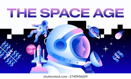 The Space Age Illustration with Astronaut, Rocket Launch and Galaxy Background -Modern Astronomy Vector Poster Design