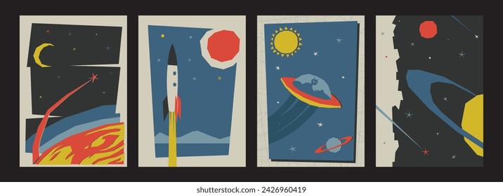 Space Age Style Illustrations, 1950s Deep Space Backgrounds, Rockets, Flying Saucers, Planets