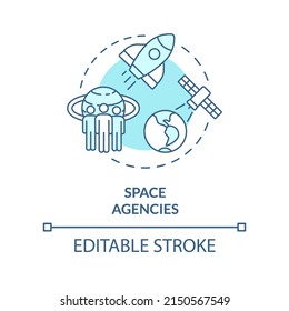 Space agencies turquoise concept icon. Cosmos exploration. Institution example abstract idea thin line illustration. Isolated outline drawing. Editable stroke. Arial, Myriad Pro-Bold fonts used