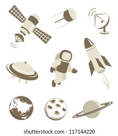 Space and air transport icons set with planets