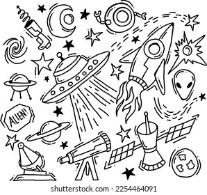 space , alien, astronomy illustrations vector, handrawn