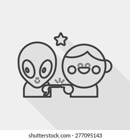 Space alien and boy friendship flat icon with long shadow, line icon