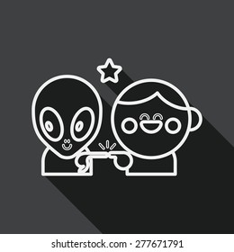 Space alien and boy friendship flat icon with long shadow, line icon