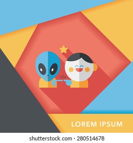 Space alien and boy friendship flat icon with long shadow,eps10