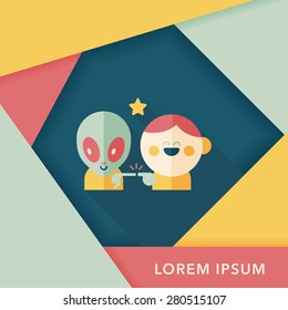 Space alien and boy friendship flat icon with long shadow,eps10