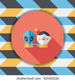 Space alien and boy friendship flat icon with long shadow,eps10