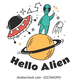 Space alien character galaxy planet logo t shirt print cosmos concept. Vector graphic design illustration element