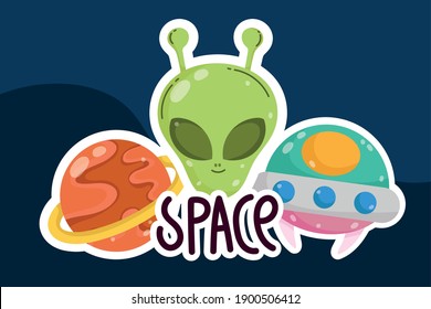 space alien character planet and ufo cartoon sticker style vector illustration