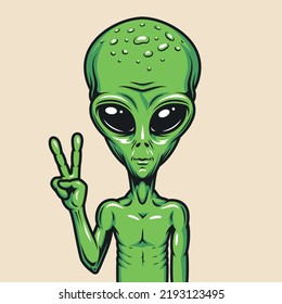 Space alien colorful vintage element paranormal creature from space with big eyes green humanoid with victory gesture vector illustration