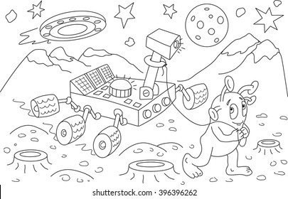 Space Alien Coloring book page. Animals cartoon. Coloring page outline of cartoon. Vector illustration, coloring book for kids. Doodle page. Children background. Monster outline