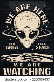 Space alien flyer monochrome vintage the face of Martian from science fiction watching earthlings from UFO flying over planet vector illustration