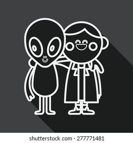 Space alien friendship flat icon with long shadow, line icon